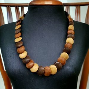 Vintage Chucky Bead Necklace Thermoset Neutral Disc Natural Tones Brown Jewelry